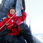 Thomas Coville and the trimaran Sodebo during a sea trial between La Trinite Sur Mer to Brest.