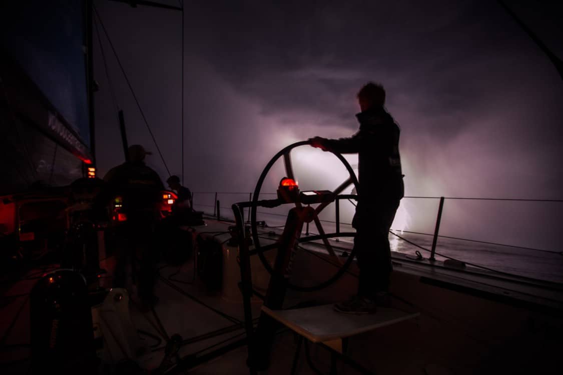 2014-15, VOR, Volvo Ocean Race, Onboard, Leg8, night, weather, lightening, stern, helm, silhouette